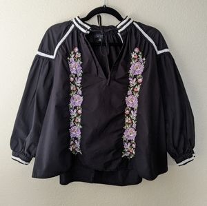 Topshop 10 black embroidered long sleeve boxy cotton blouse